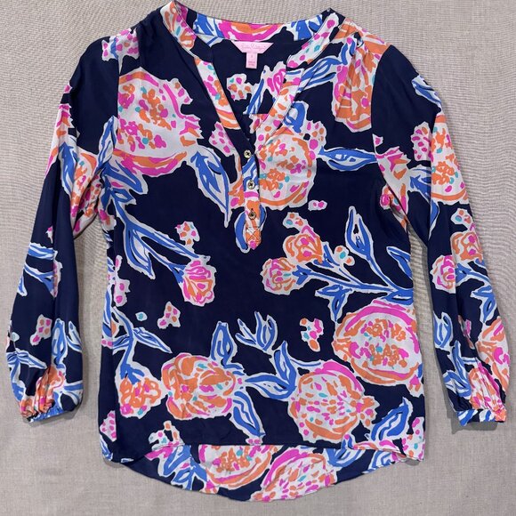 Lilly Pulitzer Silk Floral Blouse Women’s Small Navy Pink Orange Long Sleeve Top - Picture 1 of 7